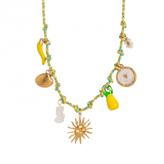 Picture of Wholesale Sun Yellow Station Necklace, 18K Gold Plated 304 Stainless Steel & Polyester Braided Cord, Women's Eco-friendly PVD Exquisite Stylish Gift Jewelry For Retailer, 40cm(15.7") + 5cm(2") long, 1 Piece