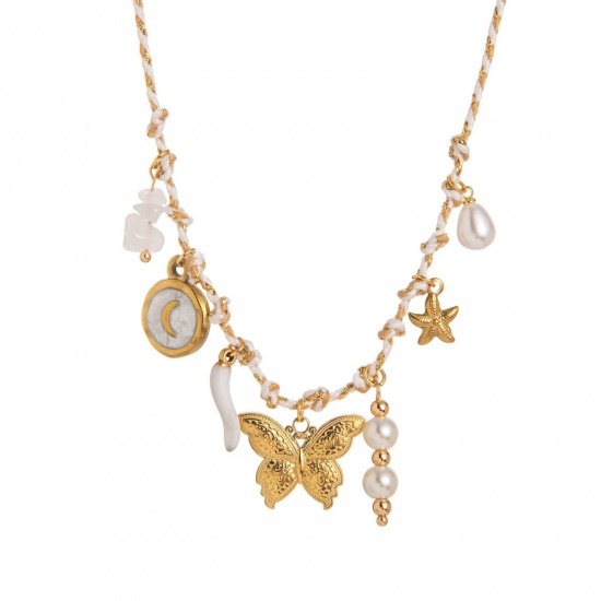 Picture of Wholesale Butterfly Animal White Station Necklace, 18K Gold Plated 304 Stainless Steel & Polyester Braided Cord, Women's Eco-friendly PVD Exquisite Stylish Gift Jewelry For Retailer, 40cm(15.7") + 5cm(2") long, 1 Piece
