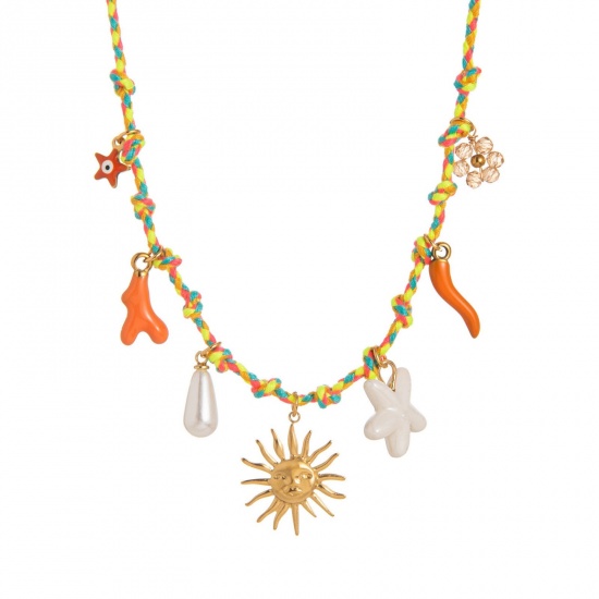 Picture of Wholesale Sun Orange-red Station Necklace, 18K Gold Plated 304 Stainless Steel & Polyester Braided Cord, Women's Eco-friendly PVD Exquisite Stylish Gift Jewelry For Retailer, 40cm(15.7") + 5cm(2") long, 1 Piece