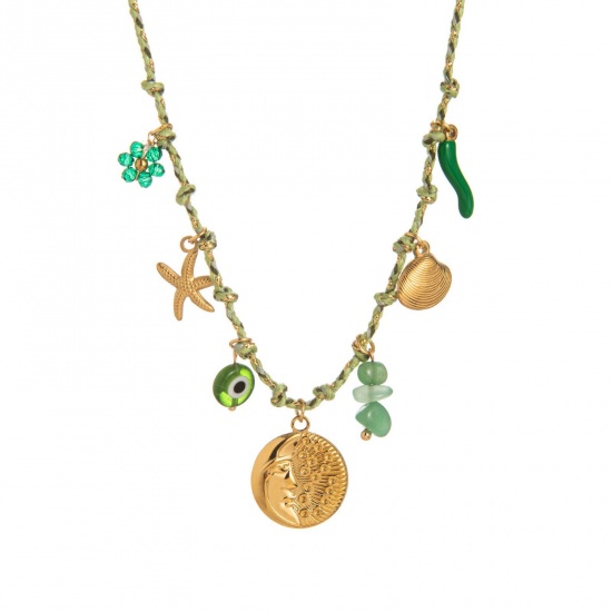 Picture of Wholesale Starfish Light Green Station Necklace, 18K Gold Plated 304 Stainless Steel & Polyester Braided Cord, Women's Eco-friendly PVD Ocean Jewelry Stylish Gift Jewelry For Retailer, 40cm(15.7") + 5cm(2") long, 1 Piece