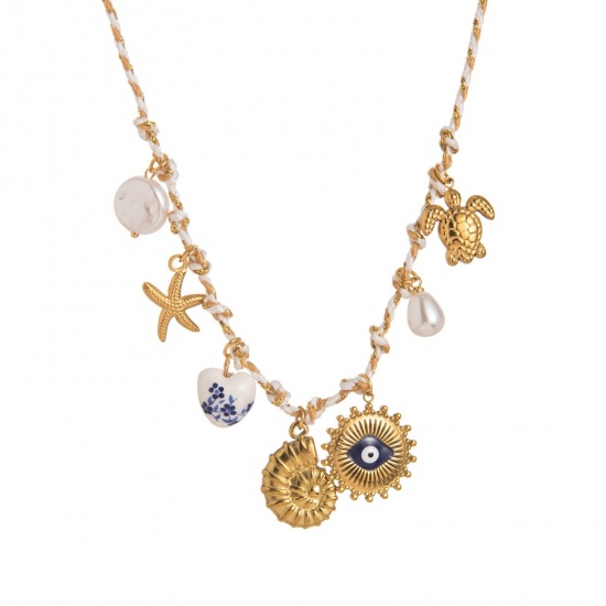 Picture of Wholesale Conch/ Sea Snail White Station Necklace, 18K Gold Plated 304 Stainless Steel & Polyester Braided Cord, Women's Eco-friendly PVD Ocean Jewelry Stylish Gift Jewelry For Retailer, 40cm(15.7") + 5cm(2") long, 1 Piece