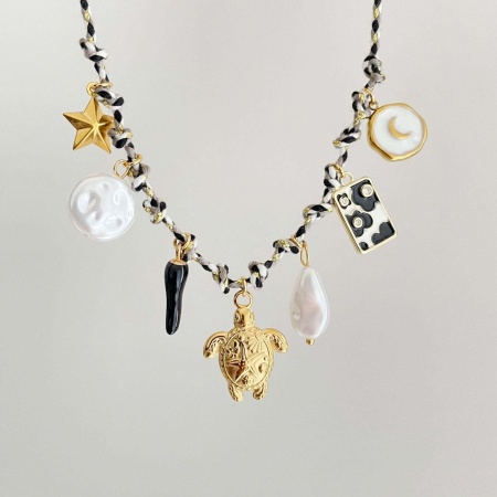 Picture of Wholesale Sea Turtle Animal Black & White Station Necklace, 18K Gold Plated 304 Stainless Steel & Polyester Braided Cord, Women's Eco-friendly PVD Ocean Jewelry Stylish Gift Jewelry For Retailer, 40cm(15.7") + 5cm(2") long, 1 Piece