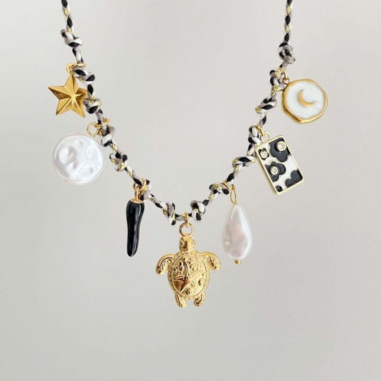 Picture of Wholesale Sea Turtle Animal Black & White Station Necklace, 18K Gold Plated 304 Stainless Steel & Polyester Braided Cord, Women's Eco-friendly PVD Ocean Jewelry Stylish Gift Jewelry For Retailer, 40cm(15.7") + 5cm(2") long, 1 Piece