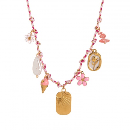 Picture of Wholesale Flower Pink Station Necklace, 18K Gold Plated 304 Stainless Steel & Polyester Braided Cord, Women's Eco-friendly PVD Exquisite Stylish Gift Jewelry For Retailer, 40cm(15.7") + 5cm(2") long, 1 Piece