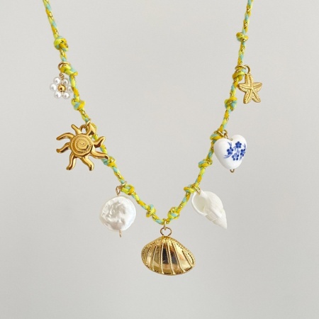 Picture of Wholesale Shell White Station Necklace, 18K Gold Plated 304 Stainless Steel & Polyester Braided Cord, Women's Eco-friendly PVD Ocean Jewelry Stylish Gift Jewelry For Retailer, 40cm(15.7") + 5cm(2") long, 1 Piece