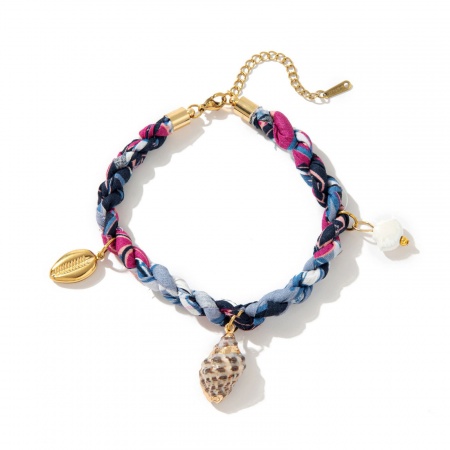 Immagine di Conchiglia Conchiglia Multicolore 304 Acciaio Inossidabile & Poliestere Corda Intrecciata Bracciale della Stazione All'Ingrosso, Placcato Oro 18K PVD Ecologica, Donne Gioielli Oceanici Elegante Regalo Fornitura di Gioielli, 20cm + 5cm Lunghezza, 1 Pz