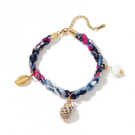 Picture of Wholesale Conch/ Sea Snail Shell Multicolor 304 Stainless Steel & Polyester Braided Cord Station Bracelet, 18K Gold Plated Eco-friendly PVD, Women's Ocean Jewelry Stylish Gift Jewelry Supply, 20cm(7.9") + 5cm(2") long, 1 Piece