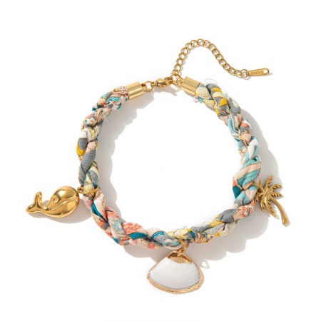 Immagine di Conchiglia Balena Multicolore 304 Acciaio Inossidabile & Poliestere Corda Intrecciata Bracciale della Stazione All'Ingrosso, Placcato Oro 18K PVD Ecologica, Donne Gioielli Oceanici Elegante Regalo Fornitura di Gioielli, 20cm + 5cm Lunghezza, 1 Pz
