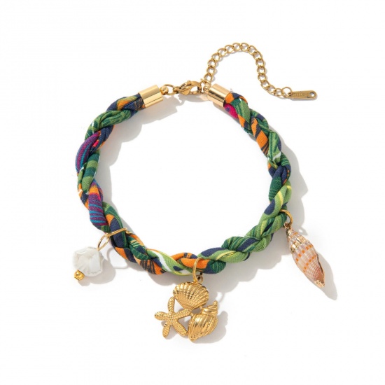 Picture of Wholesale Starfish Conch Sea Snail Multicolor 304 Stainless Steel & Polyester Braided Cord Station Bracelet, 18K Gold Plated Eco-friendly PVD, Women's Ocean Jewelry Stylish Gift Jewelry Supply, 20cm(7.9") + 5cm(2") long, 1 Piece