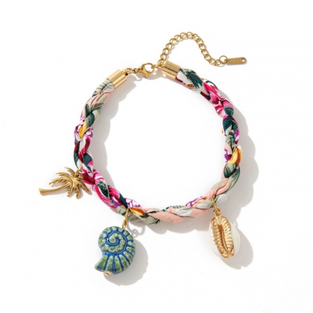 Immagine di Conchiglia Albero di Cocco Multicolore 304 Acciaio Inossidabile & Poliestere Corda Intrecciata Bracciale della Stazione All'Ingrosso, Placcato Oro 18K PVD Ecologica, Donne Gioielli Oceanici Elegante Regalo Fornitura di Gioielli, 20cm + 5cm Lunghezza, 1 Pz