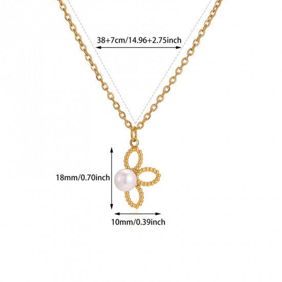 Picture of Wholesale Flower Imitation Pearl Pendant Charm Necklace, 18K Gold Plated 304 Stainless Steel Women's Eco-friendly PVD Exquisite Stylish Gift Jewelry For Retailer, 38cm(15") + 7cm(2.8") long, 1 Piece