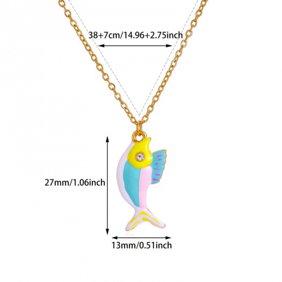 Picture of Wholesale Fish Animal Multicolor Enamel Pendant Charm Necklace, 18K Gold Plated 304 Stainless Steel Women's Eco-friendly PVD Exquisite Stylish Gift Jewelry For Retailer, 38cm(15") + 7cm(2.8") long, 1 Piece