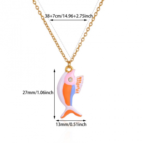 Picture of Wholesale Fish Animal Multicolor Enamel Pendant Charm Necklace, 18K Gold Plated 304 Stainless Steel Women's Eco-friendly PVD Exquisite Stylish Gift Jewelry For Retailer, 38cm(15") + 7cm(2.8") long, 1 Piece