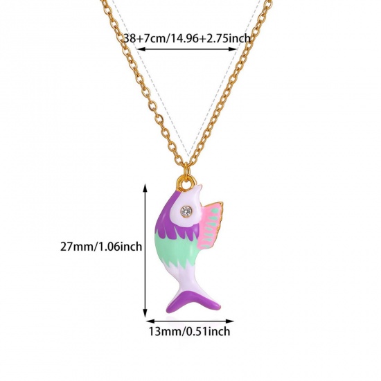 Picture of Wholesale Fish Animal Multicolor Enamel Pendant Charm Necklace, 18K Gold Plated 304 Stainless Steel Women's Eco-friendly PVD Exquisite Stylish Gift Jewelry For Retailer, 38cm(15") + 7cm(2.8") long, 1 Piece
