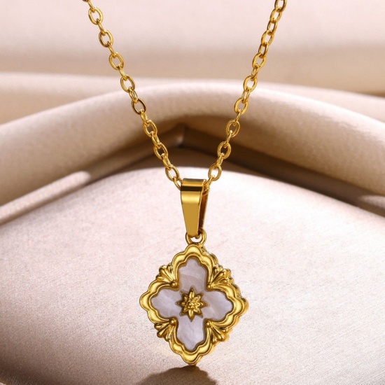 Picture of Wholesale Flower White Pendant Charm Necklace, 18K Gold Plated 304 Stainless Steel & Natural Shell Women's Eco-friendly PVD Exquisite Stylish Gift Jewelry For Retailer, 38cm(15") + 7cm(2.8") long, 1 Piece