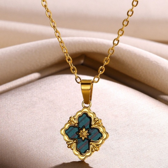 Picture of Wholesale Flower Dark Green Pendant Charm Necklace, 18K Gold Plated 304 Stainless Steel & Natural Shell Women's Eco-friendly PVD Exquisite Stylish Gift Jewelry For Retailer, 38cm(15") + 7cm(2.8") long, 1 Piece