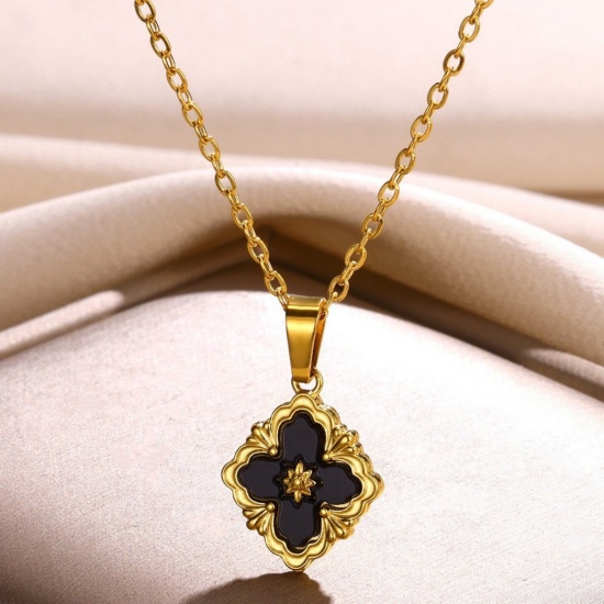 Picture of Wholesale Flower Black Pendant Charm Necklace, 18K Gold Plated 304 Stainless Steel & Natural Shell Women's Eco-friendly PVD Exquisite Stylish Gift Jewelry For Retailer, 38cm(15") + 7cm(2.8") long, 1 Piece