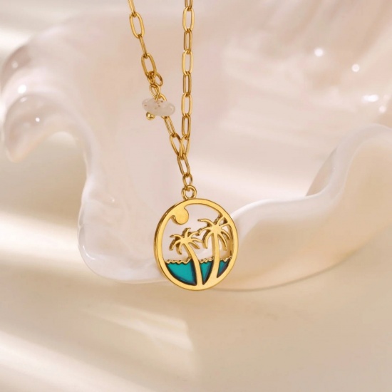 Picture of Wholesale Coconut Palm Tree Green Pendant Charm Necklace, 18K Gold Plated 304 Stainless Steel & Natural Shell Women's Eco-friendly PVD Exquisite Stylish Gift Jewelry For Retailer, 40cm(15.7") + 5cm(2") long, 1 Piece