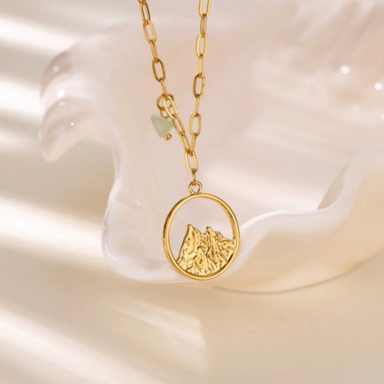 Picture of Wholesale Mountain Pendant Charm Necklace, 18K Gold Plated 304 Stainless Steel & Natural Shell Women's Eco-friendly PVD Exquisite Stylish Gift Jewelry For Retailer, 40cm(15.7") + 5cm(2") long, 1 Piece