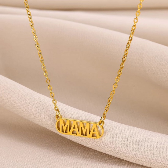 Picture of Wholesale Message " Mama " Pendant Charm Necklace, 18K Gold Plated 304 Stainless Steel Women's Eco-friendly PVD Mother's Day Stylish Gift Jewelry For Retailer, 38cm(15") + 7cm(2.8") long, 1 Piece