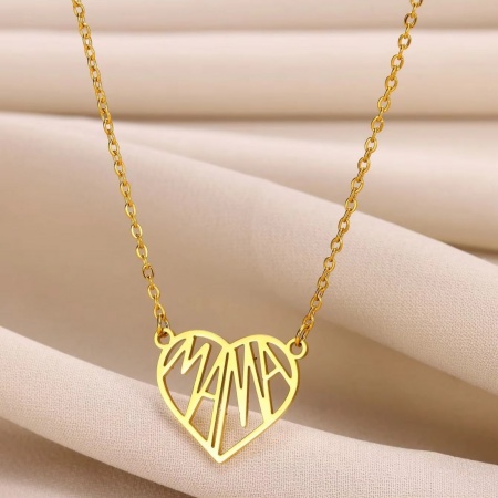 Picture of Wholesale Heart Message " Mama " Pendant Charm Necklace, 18K Gold Plated 304 Stainless Steel Women's Eco-friendly PVD Mother's Day Stylish Gift Jewelry For Retailer, 38cm(15") + 7cm(2.8") long, 1 Piece