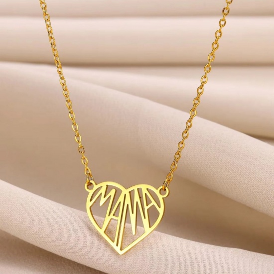 Picture of Wholesale Heart Message " Mama " Pendant Charm Necklace, 18K Gold Plated 304 Stainless Steel Women's Eco-friendly PVD Mother's Day Stylish Gift Jewelry For Retailer, 38cm(15") + 7cm(2.8") long, 1 Piece