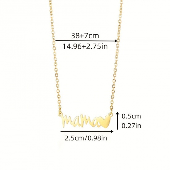 Picture of Wholesale Heart Message " Mama " Pendant Charm Necklace, 18K Gold Plated 304 Stainless Steel Women's Eco-friendly PVD Mother's Day Stylish Gift Jewelry For Retailer, 38cm(15") + 7cm(2.8") long, 1 Piece