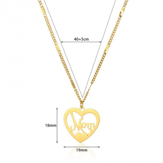 Picture of Wholesale Heart Message " Mom " Pendant Charm Necklace, 18K Gold Plated 304 Stainless Steel Women's Eco-friendly PVD Mother's Day Stylish Gift Jewelry For Retailer, 40cm(15.7") + 5cm(2") long, 1 Piece