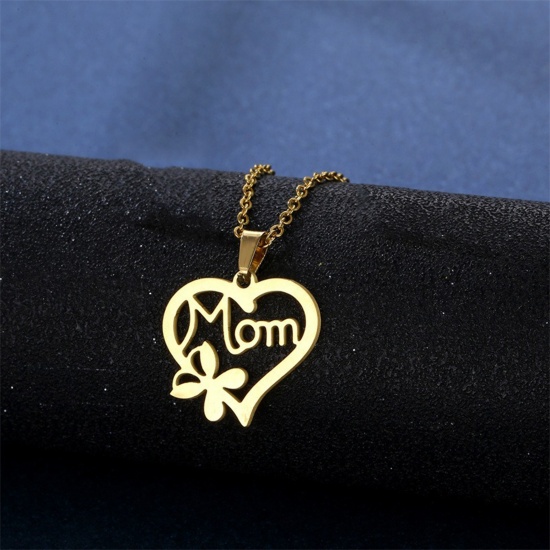 Picture of Wholesale Heart Message " Mom " Pendant Charm Necklace, 18K Gold Plated 304 Stainless Steel Women's Eco-friendly PVD Mother's Day Stylish Gift Jewelry For Retailer, 40cm(15.7") + 5cm(2") long, 1 Piece