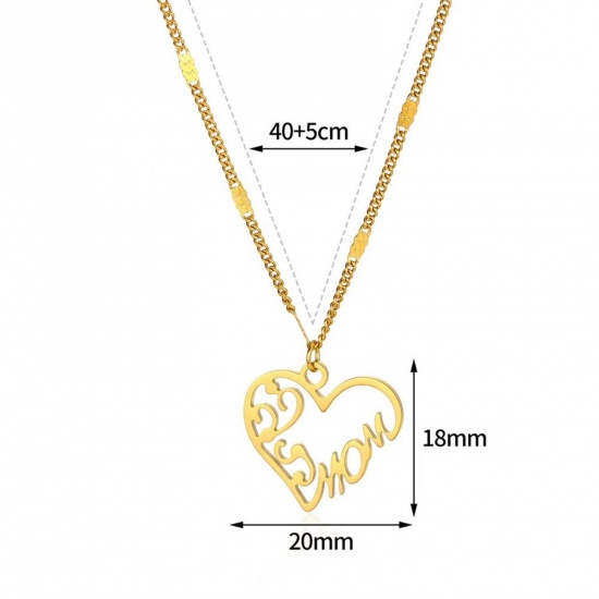 Picture of Wholesale Heart Message " Mama " Pendant Charm Necklace, 18K Gold Plated 304 Stainless Steel Women's Eco-friendly PVD Mother's Day Stylish Gift Jewelry For Retailer, 40cm(15.7") + 5cm(2") long, 1 Piece