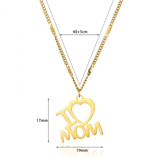 Picture of Wholesale Heart Message " I Love Mom " Pendant Charm Necklace, 18K Gold Plated 304 Stainless Steel Women's Eco-friendly PVD Mother's Day Stylish Gift Jewelry For Retailer, 40cm(15.7") + 5cm(2") long, 1 Piece