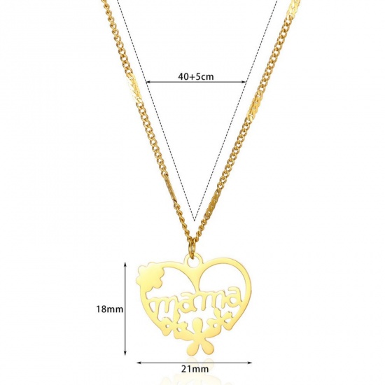 Picture of Wholesale Heart Message " Mama " Pendant Charm Necklace, 18K Gold Plated 304 Stainless Steel Women's Eco-friendly PVD Mother's Day Stylish Gift Jewelry For Retailer, 40cm(15.7") + 5cm(2") long, 1 Piece