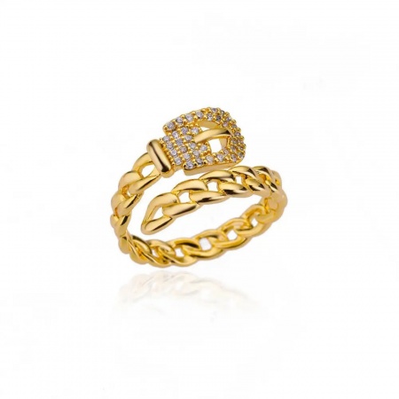 Picture of Wholesale Women's Gift Leather Belt Clear Rhinestone Open Adjustable Rings, 18K Gold Plated Brass, Eco-friendly Exquisite Stylish Jewelry Supply, 1 Piece