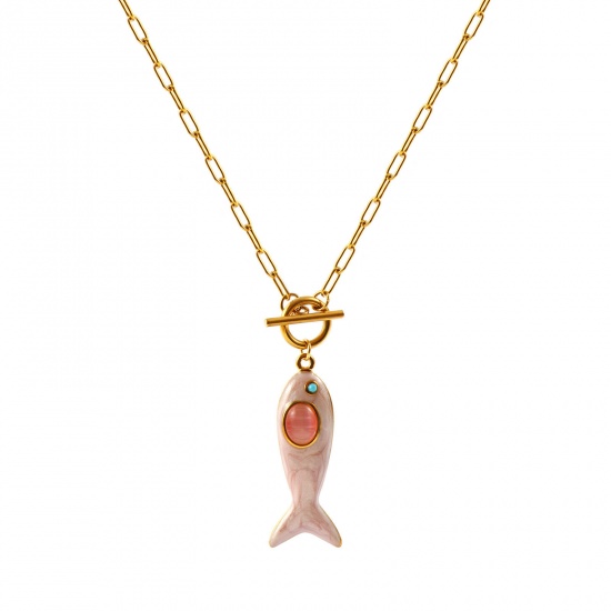 Immagine di Pesce Rosa Chiaro Smalto Blu Strass Collana con Ciondolo All'Ingrosso, 18K Vero Oro Placcato 304 Acciaio Inossidabile Catena a Graffetta, Donne PVD Ecologica Impermeabile Anti-Ossidante Ipoallergenico Gioielli Oceanici Elegante Regalo Gioielli Per Rivenditore, 45cm Lunghezza, 1 Pz