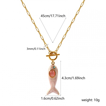 Picture of Wholesale Fish Animal Light Pink Enamel Blue Rhinestone Pendant Charm Necklace, 18K Real Gold Plated 304 Stainless Steel Paperclip Link Chain, Women's Eco-friendly PVD Waterproof Anti-Tarnish Hypoallergenic Ocean Jewelry Stylish Gift Jewelry For Retailer, 45cm(17.7") long, 1 Piece