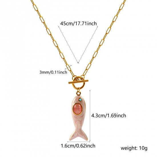 Immagine di Pesce Rosa Chiaro Smalto Blu Strass Collana con Ciondolo All'Ingrosso, 18K Vero Oro Placcato 304 Acciaio Inossidabile Catena a Graffetta, Donne PVD Ecologica Impermeabile Anti-Ossidante Ipoallergenico Gioielli Oceanici Elegante Regalo Gioielli Per Rivenditore, 45cm Lunghezza, 1 Pz