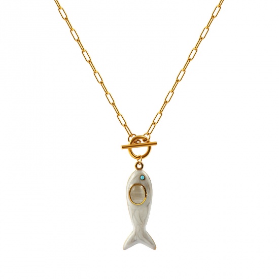 Immagine di Pesce Bianco Smalto Blu Strass Collana con Ciondolo All'Ingrosso, 18K Vero Oro Placcato 304 Acciaio Inossidabile Catena a Graffetta, Donne PVD Ecologica Impermeabile Anti-Ossidante Ipoallergenico Gioielli Oceanici Elegante Regalo Gioielli Per Rivenditore, 45cm Lunghezza, 1 Pz