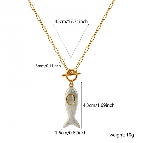 Immagine di Pesce Bianco Smalto Blu Strass Collana con Ciondolo All'Ingrosso, 18K Vero Oro Placcato 304 Acciaio Inossidabile Catena a Graffetta, Donne PVD Ecologica Impermeabile Anti-Ossidante Ipoallergenico Gioielli Oceanici Elegante Regalo Gioielli Per Rivenditore, 45cm Lunghezza, 1 Pz