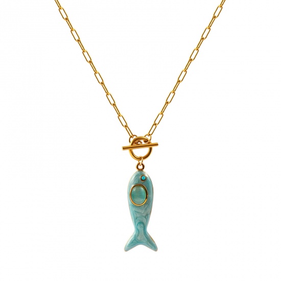 Immagine di Pesce Blu Chiaro Smalto Blu Strass Collana con Ciondolo All'Ingrosso, 18K Vero Oro Placcato 304 Acciaio Inossidabile Catena a Graffetta, Donne PVD Ecologica Impermeabile Anti-Ossidante Ipoallergenico Gioielli Oceanici Elegante Regalo Gioielli Per Rivenditore, 45cm Lunghezza, 1 Pz