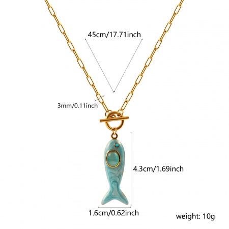 Picture of Wholesale Fish Animal Light Blue Enamel Blue Rhinestone Pendant Charm Necklace, 18K Real Gold Plated 304 Stainless Steel Paperclip Link Chain, Women's Eco-friendly PVD Waterproof Anti-Tarnish Hypoallergenic Ocean Jewelry Stylish Gift Jewelry For Retailer, 45cm(17.7") long, 1 Piece