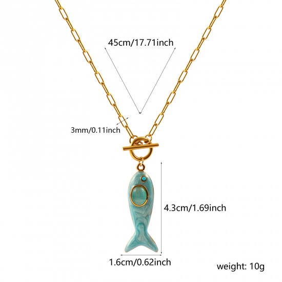 Immagine di Pesce Blu Chiaro Smalto Blu Strass Collana con Ciondolo All'Ingrosso, 18K Vero Oro Placcato 304 Acciaio Inossidabile Catena a Graffetta, Donne PVD Ecologica Impermeabile Anti-Ossidante Ipoallergenico Gioielli Oceanici Elegante Regalo Gioielli Per Rivenditore, 45cm Lunghezza, 1 Pz