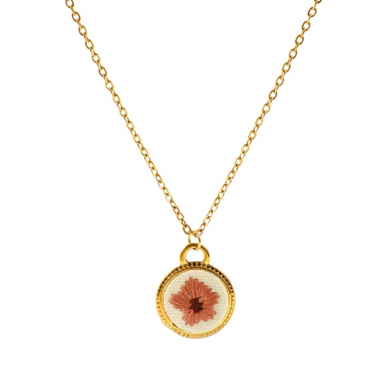 Immagine di Tondo Disco Fiore Nocciola Fatto Ricamato Collana con Ciondolo All'Ingrosso, 18K Vero Oro Placcato 304 Acciaio Inossidabile Catena a Cavo, Donne PVD Ecologica Anti-Ossidante Ipoallergenico Stile Pastorale Elegante Regalo Gioielli Per Rivenditore, 45cm + 5cm Lunghezza, 1 Pz
