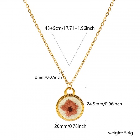 Picture of Wholesale Round Disc Flower Light Brown Handmade Embroidered Pendant Charm Necklace, 18K Real Gold Plated 304 Stainless Steel Link Cable Chain, Women's Eco-friendly PVD Anti-Tarnish Hypoallergenic Pastoral Style Stylish Gift Jewelry For Retailer, 45cm(17.7") + 5cm(2") long, 1 Piece