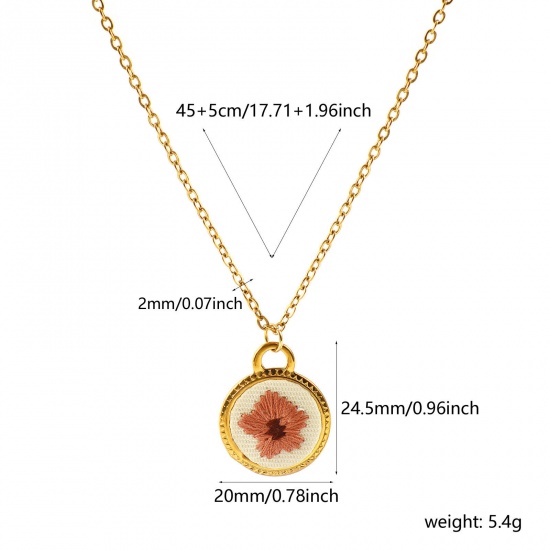 Immagine di Tondo Disco Fiore Nocciola Fatto Ricamato Collana con Ciondolo All'Ingrosso, 18K Vero Oro Placcato 304 Acciaio Inossidabile Catena a Cavo, Donne PVD Ecologica Anti-Ossidante Ipoallergenico Stile Pastorale Elegante Regalo Gioielli Per Rivenditore, 45cm + 5cm Lunghezza, 1 Pz