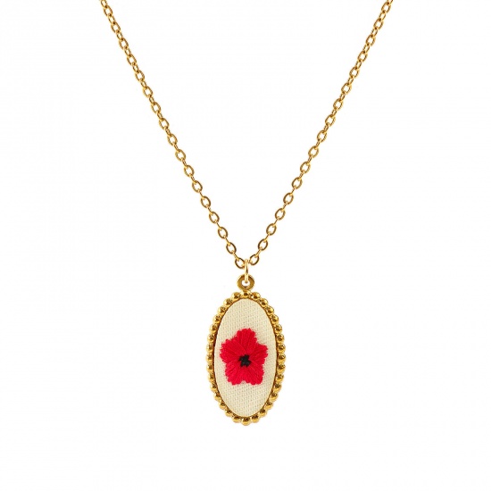 Immagine di Olive Fiore Rosso Prugna Fatto Ricamato Collana con Ciondolo All'Ingrosso, 18K Vero Oro Placcato 304 Acciaio Inossidabile Catena a Cavo, Donne PVD Ecologica Anti-Ossidante Ipoallergenico Stile Pastorale Elegante Regalo Gioielli Per Rivenditore, 45cm + 5cm Lunghezza, 1 Pz