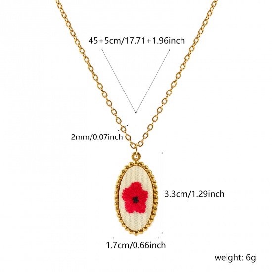 Immagine di Olive Fiore Rosso Prugna Fatto Ricamato Collana con Ciondolo All'Ingrosso, 18K Vero Oro Placcato 304 Acciaio Inossidabile Catena a Cavo, Donne PVD Ecologica Anti-Ossidante Ipoallergenico Stile Pastorale Elegante Regalo Gioielli Per Rivenditore, 45cm + 5cm Lunghezza, 1 Pz