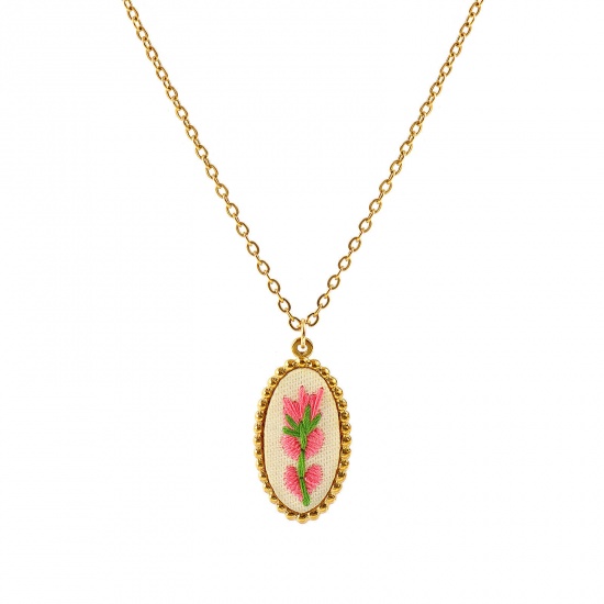 Immagine di Olive Fiore Rosa Fatto Ricamato Collana con Ciondolo All'Ingrosso, 18K Vero Oro Placcato 304 Acciaio Inossidabile Catena a Cavo, Donne PVD Ecologica Anti-Ossidante Ipoallergenico Stile Pastorale Elegante Regalo Gioielli Per Rivenditore, 45cm + 5cm Lunghezza, 1 Pz