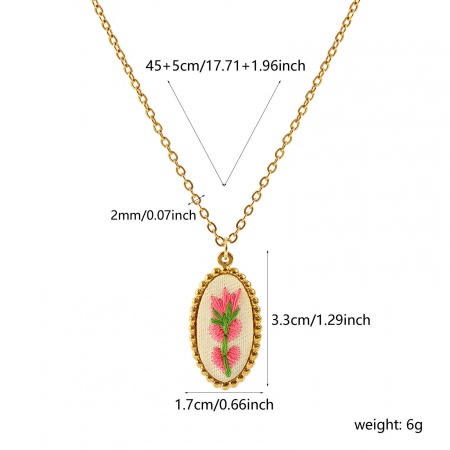 Picture of Wholesale Marquise Flower Pink Handmade Embroidered Pendant Charm Necklace, 18K Real Gold Plated 304 Stainless Steel Link Cable Chain, Women's Eco-friendly PVD Anti-Tarnish Hypoallergenic Pastoral Style Stylish Gift Jewelry For Retailer, 45cm(17.7") + 5cm(2") long, 1 Piece