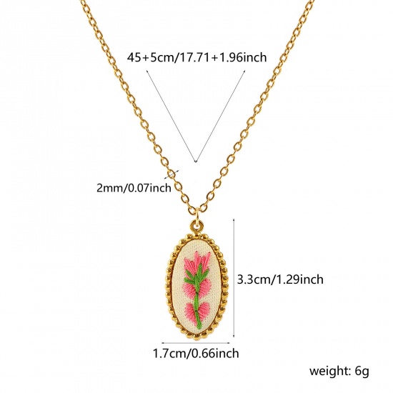 Immagine di Olive Fiore Rosa Fatto Ricamato Collana con Ciondolo All'Ingrosso, 18K Vero Oro Placcato 304 Acciaio Inossidabile Catena a Cavo, Donne PVD Ecologica Anti-Ossidante Ipoallergenico Stile Pastorale Elegante Regalo Gioielli Per Rivenditore, 45cm + 5cm Lunghezza, 1 Pz