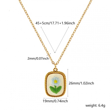Picture of Wholesale Rectangle Flower Light Blue Handmade Embroidered Pendant Charm Necklace, 18K Real Gold Plated 304 Stainless Steel Link Cable Chain, Women's Eco-friendly PVD Anti-Tarnish Hypoallergenic Pastoral Style Stylish Gift Jewelry For Retailer, 45cm(17.7") + 5cm(2") long, 1 Piece